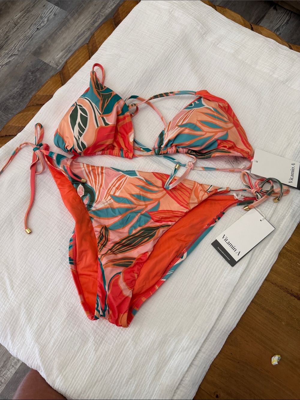 Vitamin A Coral & Teal Tropical Leaf Triangle Bikini